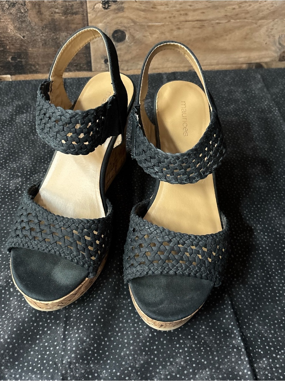 Maurices Black Woven Cork Wedge Sandals